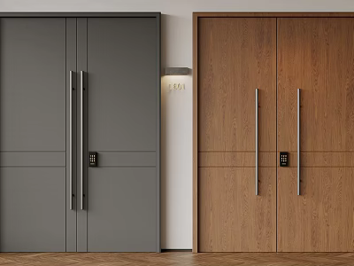 Modern Double Doors Interior Featuring Gray And Wooden Panels With Metal Handles And Locks 3d model