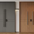 Modern Double Doors Interior Featuring Gray And Wooden Panels With Metal Handles And Locks