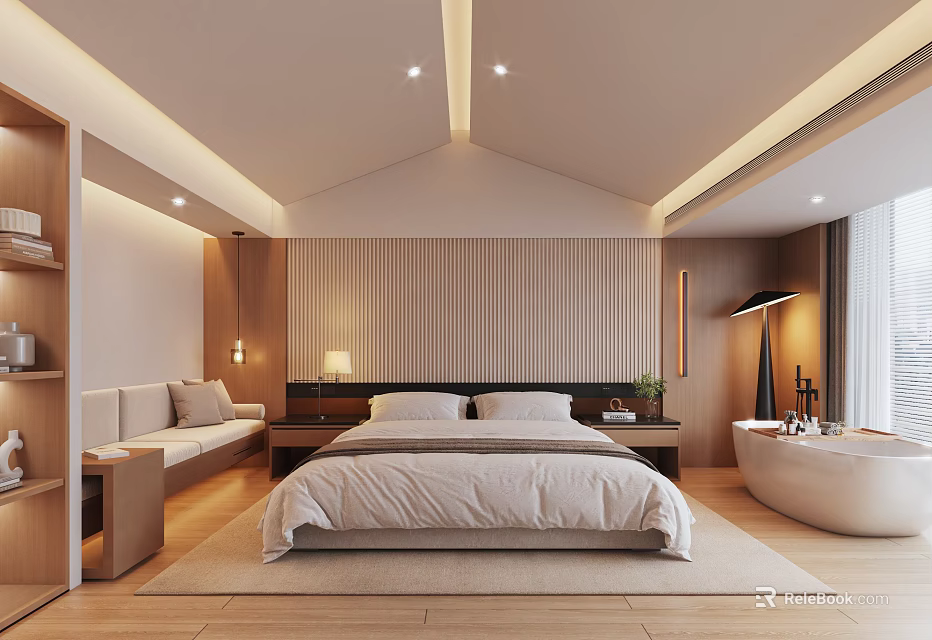 Modern Hotel Guest Room Interior With King Bed Wooden Accents Sofa And Bathtub Soft Lighting 3d model 