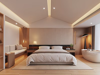 Modern Hotel Guest Room Interior With King Bed Wooden Accents Sofa And Bathtub Soft Lighting 3d model