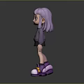 3D Character With Purple Hair Purple Eyes Gray Hoodie Black Shorts And Purple Yellow Shoes
