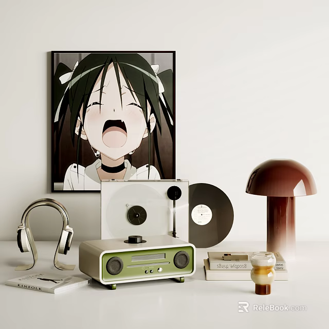 Anime Poster And Retro Radio With Headphones Vinyl Record And Mushroom Lamp Decor 3d model 