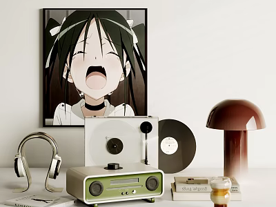 Anime Poster And Retro Radio With Headphones Vinyl Record And Mushroom Lamp Decor 3d model