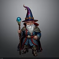 Gnome Wizard With Decorative Hat Holding Blue Gem Staff In Ornate Robe And White Beard