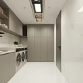 Modern Laundry Room Interior With Three Washing Machines White Countertops Gray Cabinets And Plants