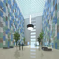 Modern Lobby With Blue Green Geometric Walls Large Pendant Light Shiny Floor Trees And Benches