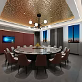 Elegant Private Dining Room Interior With Round Table Chairs Wall TVs And Gold Ceiling 3d model