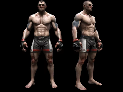 Muscular Man In MMA Fighting Shorts And Gloves With Scars On Body 3d model