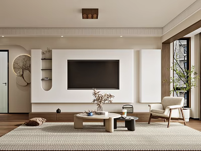 Modern Living Dining Area Interior With TV Wall Coffee Table Shelves Armchair And Textured Rug 3d model