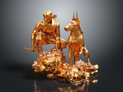 Shiny Golden Dog Sculpture with Warrior Figure on Rock Base Artwork 3d model