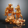 Shiny Golden Dog Sculpture with Warrior Figure on Rock Base Artwork