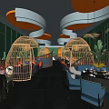 Modern Restaurant Interior With Bamboo Cage Seats Green Walls Blue Orange Chairs And Pendant Lights