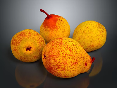 Fresh Ripe Juicy Yellow Red Speckled Pears on Dark Reflective Surface 3d model