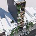 Modern Tall Building Surrounded By Low Rise White Buildings Trees Pedestrians And Cars On Street