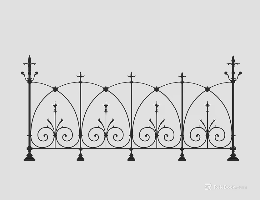 Ornate Wrought Iron Railing Design With Decorative Scrollwork And Spiked Finials 3d model 