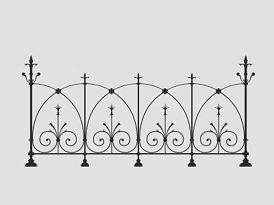 Ornate Wrought Iron Railing Design With Decorative Scrollwork And Spiked Finials 3d model