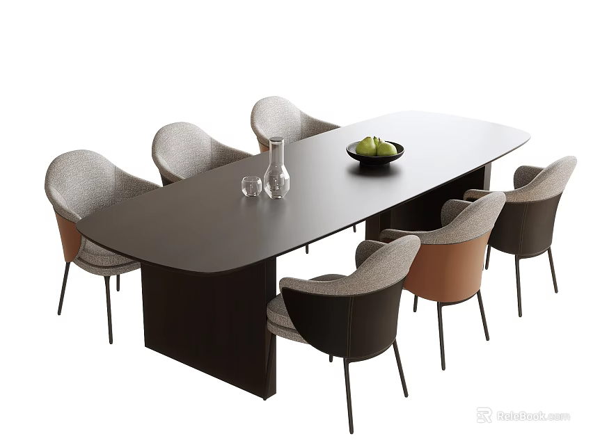 Modern Oval Dining Table With Six Gray Brown Chairs And Fruit Bowl 3d model