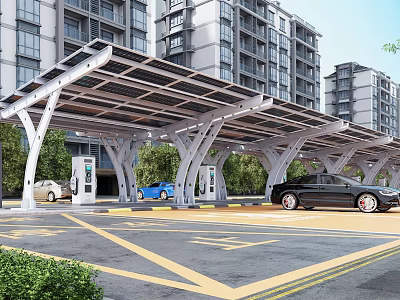 Solar Canopy Covered Parking Lot with EV Charging Stations Near High Rise Buildings and Greenery 3d model