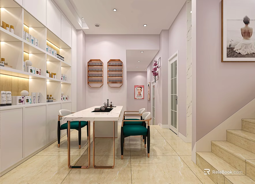 Modern Beauty Salon Interior With White Cabinets Green Chairs Beauty Products Mirror And Staircase 3d model 