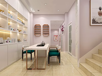 Modern Beauty Salon Interior With White Cabinets Green Chairs Beauty Products Mirror And Staircase 3d model
