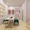 Modern Beauty Salon Interior With White Cabinets Green Chairs Beauty Products Mirror And Staircase