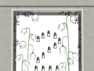 Stylish Shop Window Display With Lily of the Valley Decor And Small Bottles 3d model