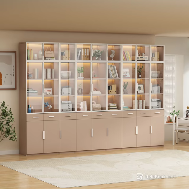 Modern Beige Bookcase With Glass Compartments Drawer Storage Filled With Books Plants Decorations Photo Frames 3d model 