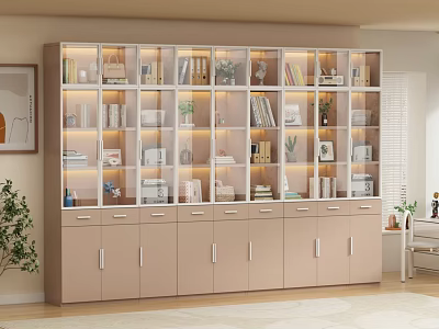 Modern Beige Bookcase With Glass Compartments Drawer Storage Filled With Books Plants Decorations Photo Frames 3d model