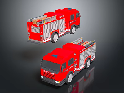 Two Red Fire Truck Toy Models With Ladder And Wheel Details 3d model