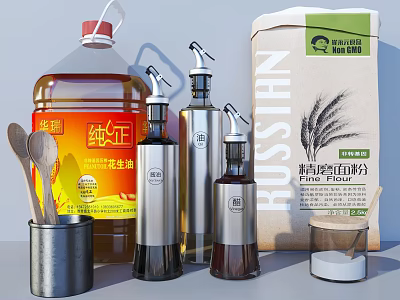 Essential Kitchen Utensils Set With Stainless Steel Oil Bottles Flour Bag And Wooden Spoons 3d model