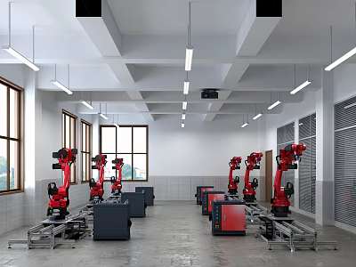 Modern Industrial Workshop With Red Robotic Arms On Automated Production Lines 3d model