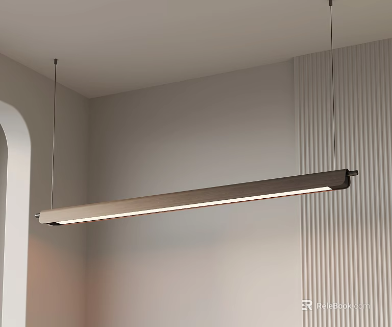 Long Linear Modern Pendant Light in Minimalist Interior With Textured Wall and Warm Glow 3d model 