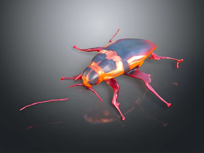 Shiny Red and Black Cockroach Crawling on Black Reflective Surface 3d model