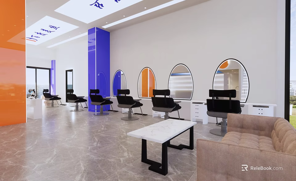 Modern Salon Reception Area With Blue Pillar Round Mirrors Black Chairs And Beige Sofa 3d model 