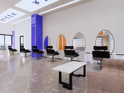 Modern Salon Reception Area With Blue Pillar Round Mirrors Black Chairs And Beige Sofa 3d model