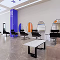Modern Salon Reception Area With Blue Pillar Round Mirrors Black Chairs And Beige Sofa