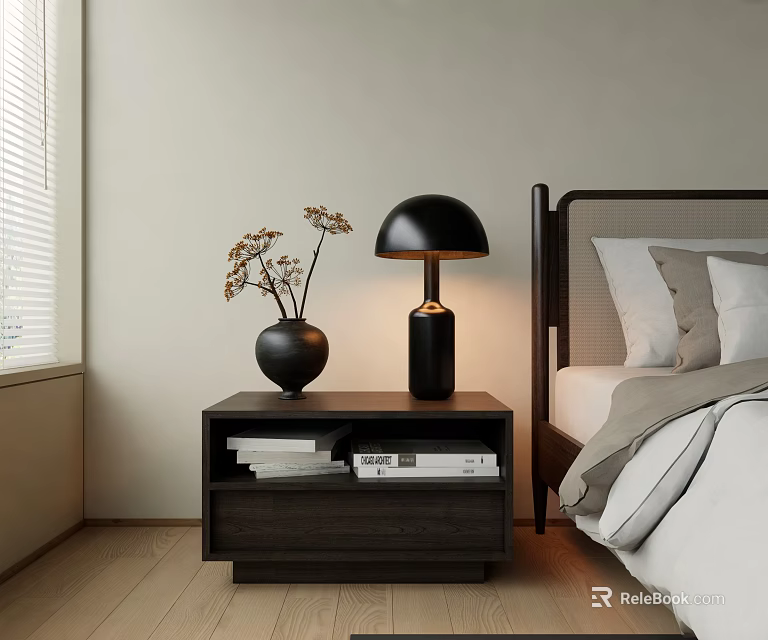 Minimalist Bedside Table With Black Table Lamp Vase Dried Flowers Books And Bed 3d model 