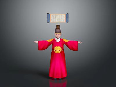 Traditional Chinese Red Robe Costume Figure With Yellow Belt Hat And Scroll Background 3d model