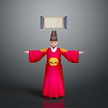 Traditional Chinese Red Robe Costume Figure With Yellow Belt Hat And Scroll Background