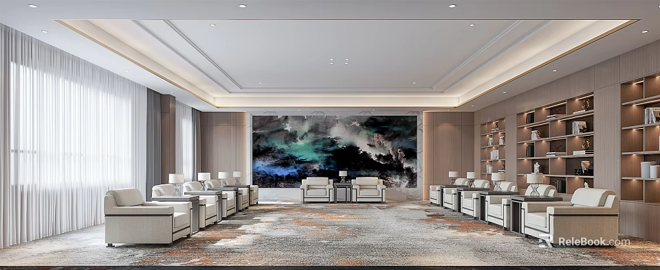 Elegant Hotel Public Lounge With Comfortable Sofas Large Mural Area Rug And Coffee Tables 3d model 
