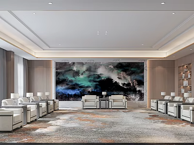 Elegant Hotel Public Lounge With Comfortable Sofas Large Mural Area Rug And Coffee Tables 3d model