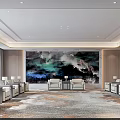 Elegant Hotel Public Lounge With Comfortable Sofas Large Mural Area Rug And Coffee Tables
