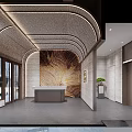 Elevator Lobby Contemporary Design With Textured Feature Wall Recessed Lights Wooden Desk And Green Plant