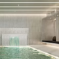 Modern Indoor Swimming Pool Design With Waterfall Feature And Seating Areas