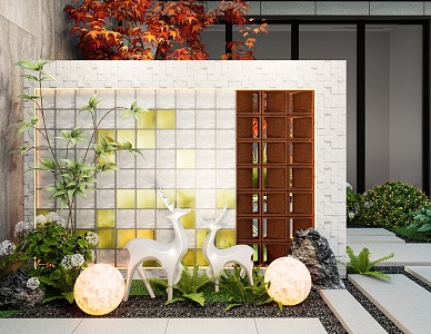 Courtyard style landscape wall glass brick screen partition background fence 3d model