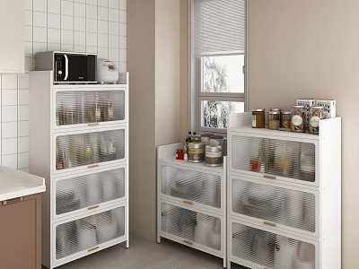 Modern Kitchen Storage Cabinet With Transparent Doors And Multiple Shelves For Jars Bowls And Containers 3d model