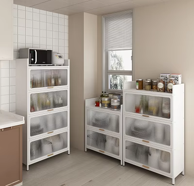 Modern Kitchen Storage Cabinet With Transparent Doors And Multiple Shelves For Jars Bowls And Containers 3d model