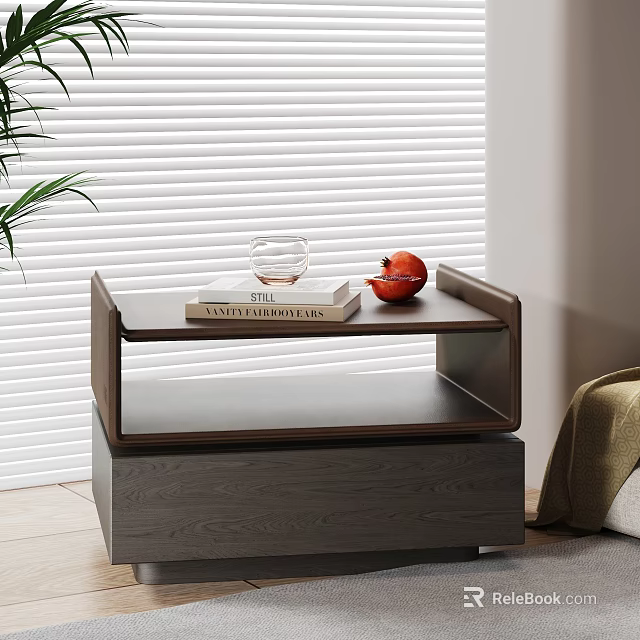 Modern Wooden Bedside Table With Stacked Books Glass Cup And Red Decorative Item 3d model 