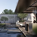 Modern Outdoor Pergola In Garden With Water Reflection Trees And Stone Floor