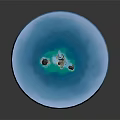 Cartoon Scene of Blue Ocean with Island Rocks and Small Buildings